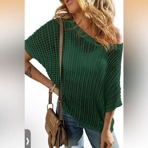 UEU NWT XL HUNTER Green CROCHET Knit OPEN WORKS Short Sleeve SOFT Sweater TUNIC